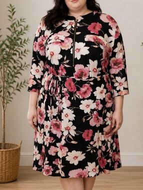Magazine Xl Floral Adjustable Sleeve Tie Dress Half Zip